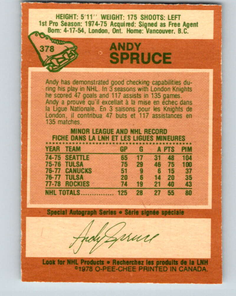 1978-79 O-Pee-Chee #378 Andy Spruce RC Rookie Rockies V26249