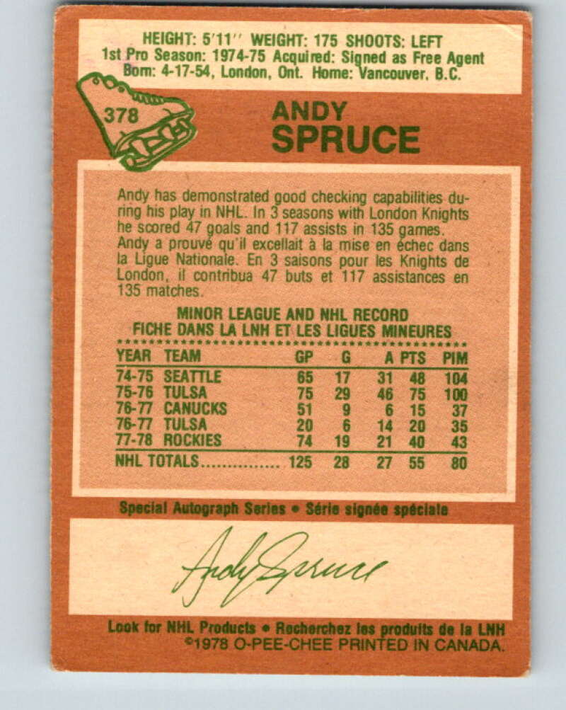 1978-79 O-Pee-Chee #378 Andy Spruce RC Rookie Rockies V26251