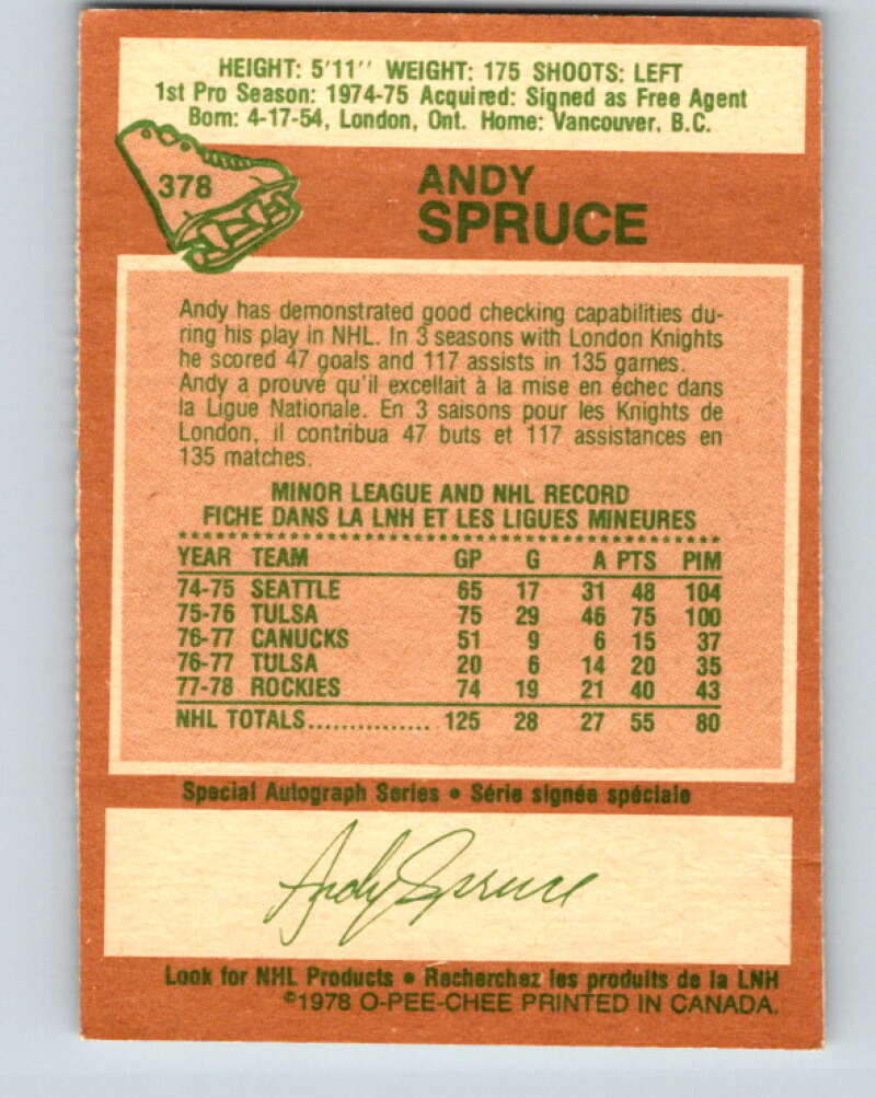 1978-79 O-Pee-Chee #378 Andy Spruce RC Rookie Rockies V26252