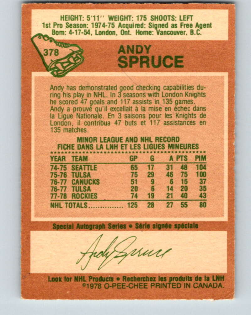 1978-79 O-Pee-Chee #378 Andy Spruce RC Rookie Rockies V26255