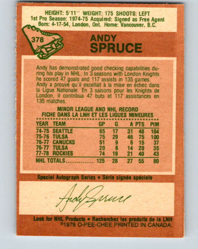 1978-79 O-Pee-Chee #378 Andy Spruce RC Rookie Rockies V26256