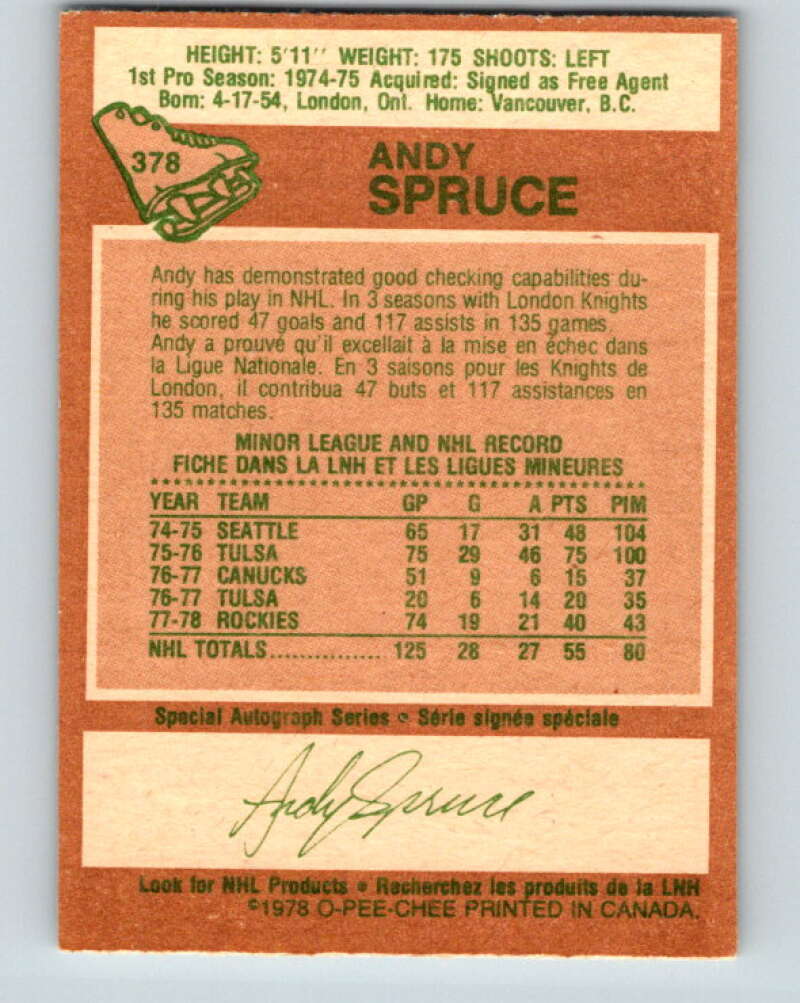 1978-79 O-Pee-Chee #378 Andy Spruce RC Rookie Rockies V26258