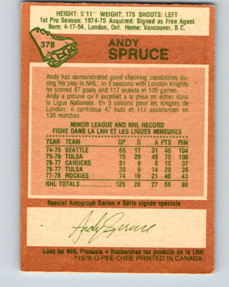 1978-79 O-Pee-Chee #378 Andy Spruce RC Rookie Rockies V26260