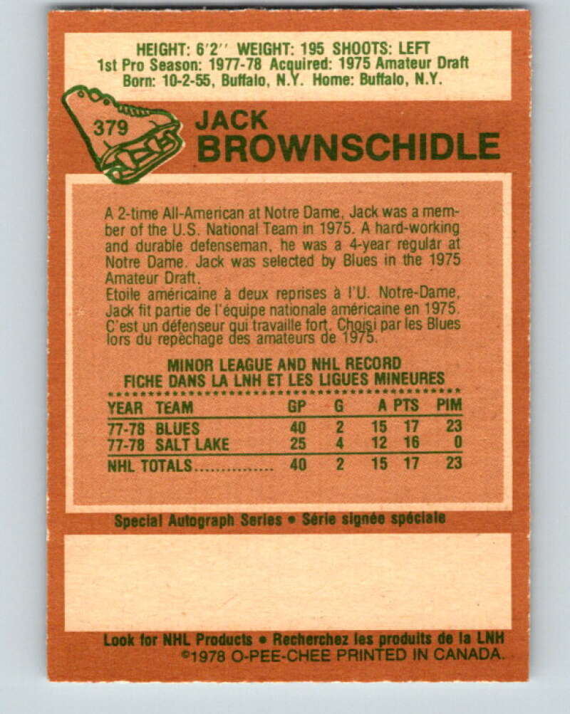 1978-79 O-Pee-Chee #379 Jack Brownschidle RC Rookie Blues V26263