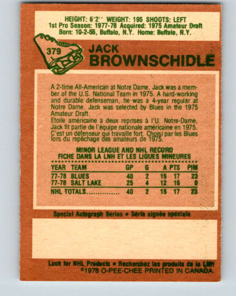 1978-79 O-Pee-Chee #379 Jack Brownschidle RC Rookie Blues V26264