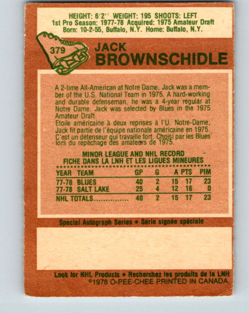 1978-79 O-Pee-Chee #379 Jack Brownschidle RC Rookie Blues V26265