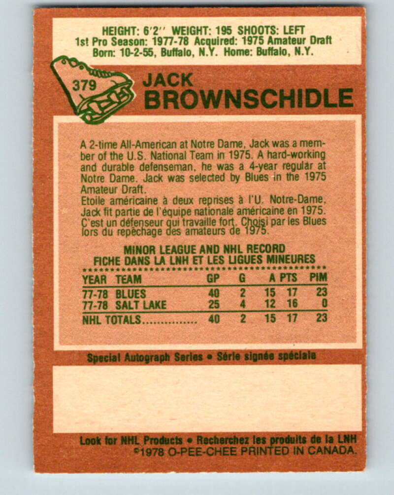 1978-79 O-Pee-Chee #379 Jack Brownschidle RC Rookie Blues V26267
