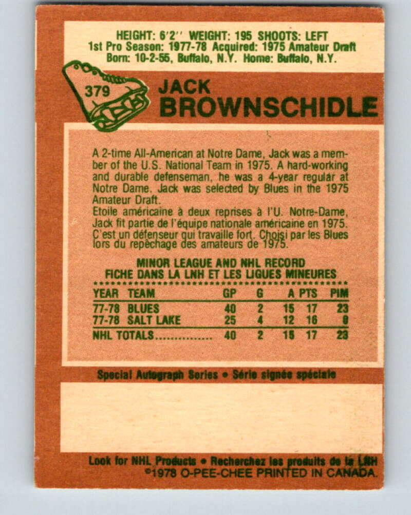 1978-79 O-Pee-Chee #379 Jack Brownschidle RC Rookie Blues V26268