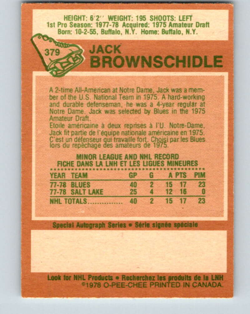 1978-79 O-Pee-Chee #379 Jack Brownschidle RC Rookie Blues V26269
