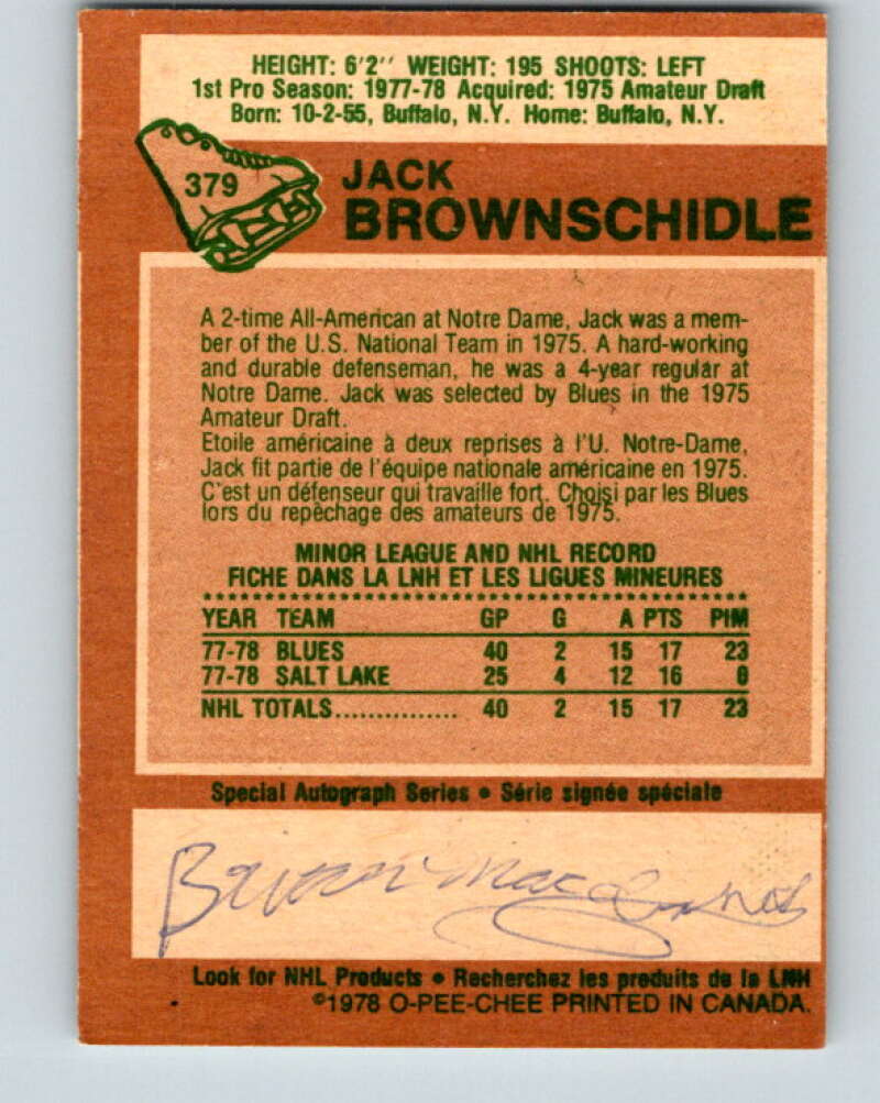 1978-79 O-Pee-Chee #379 Jack Brownschidle RC Rookie Blues V26271