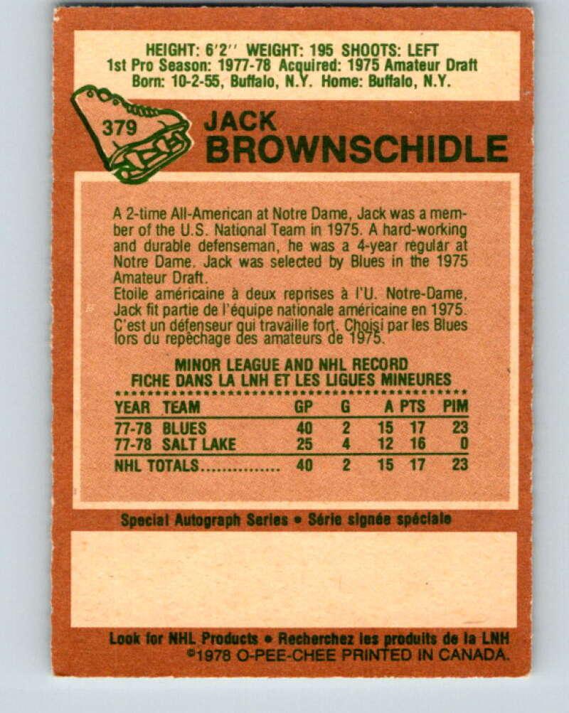 1978-79 O-Pee-Chee #379 Jack Brownschidle RC Rookie Blues V26272