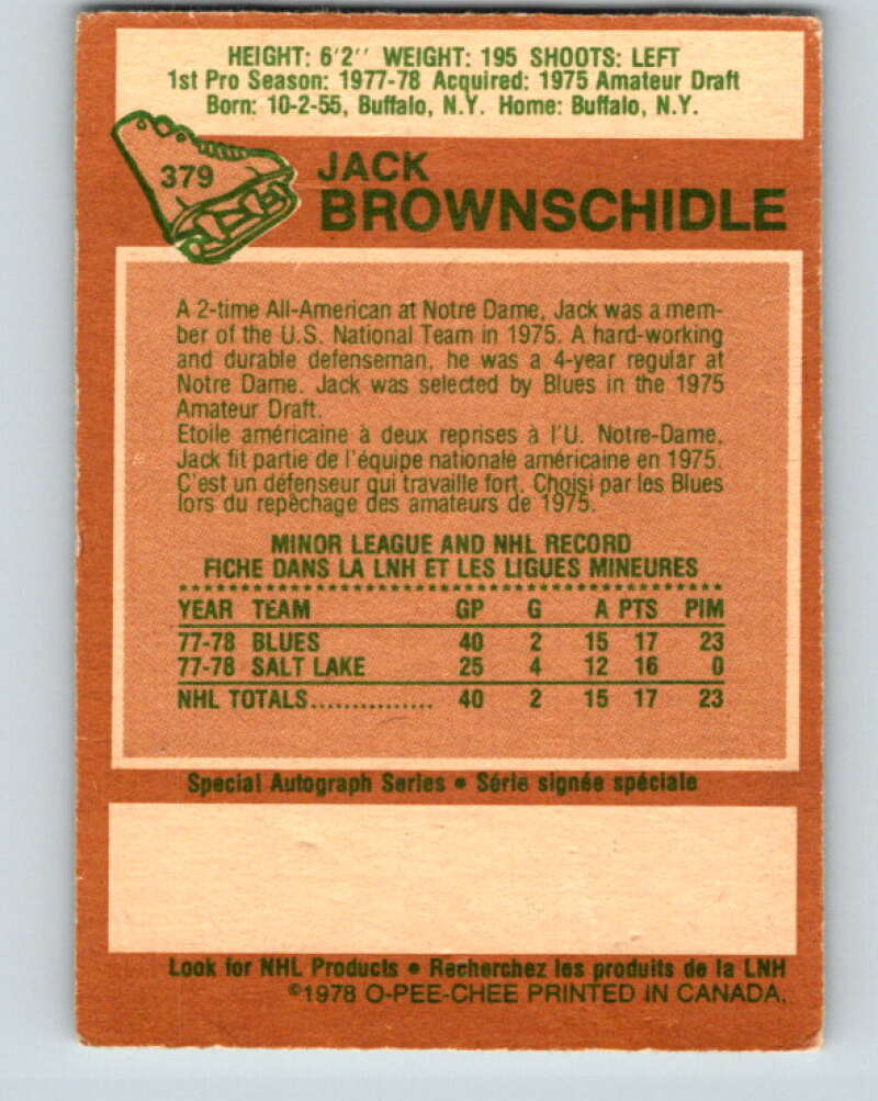 1978-79 O-Pee-Chee #379 Jack Brownschidle RC Rookie Blues V26273