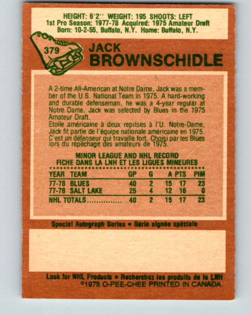1978-79 O-Pee-Chee #379 Jack Brownschidle RC Rookie Blues V26276