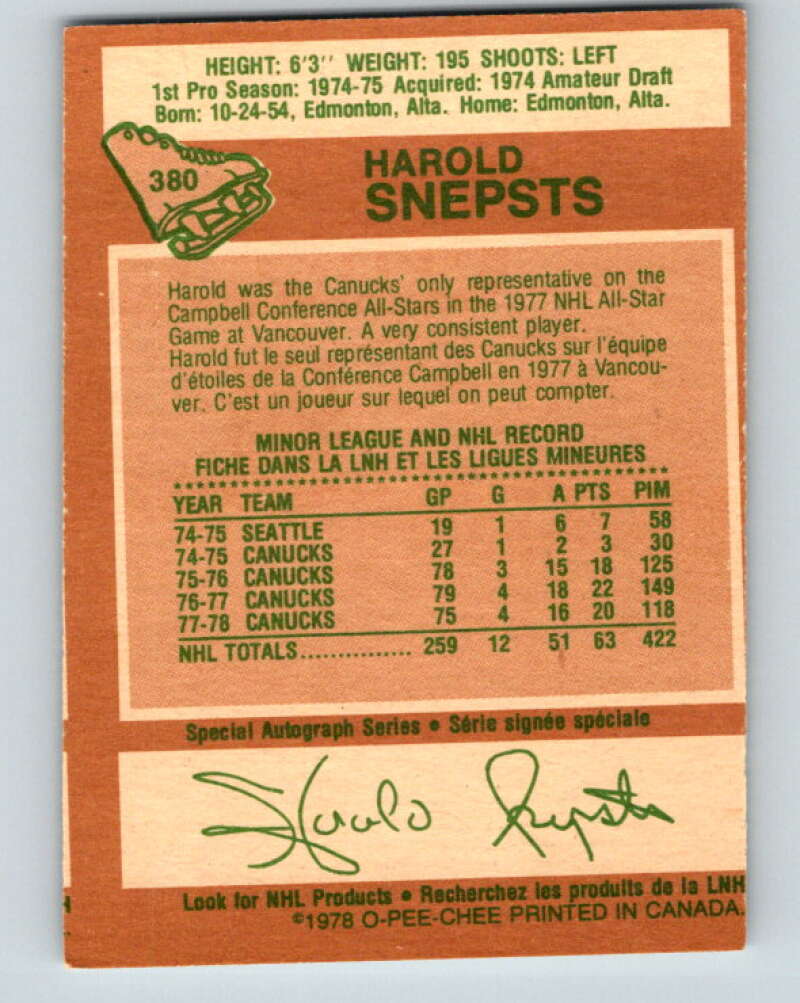 1978-79 O-Pee-Chee #380 Harold Snepsts Vancouver Canucks V26278