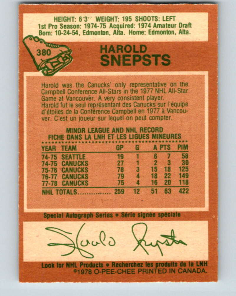 1978-79 O-Pee-Chee #380 Harold Snepsts Vancouver Canucks V26279