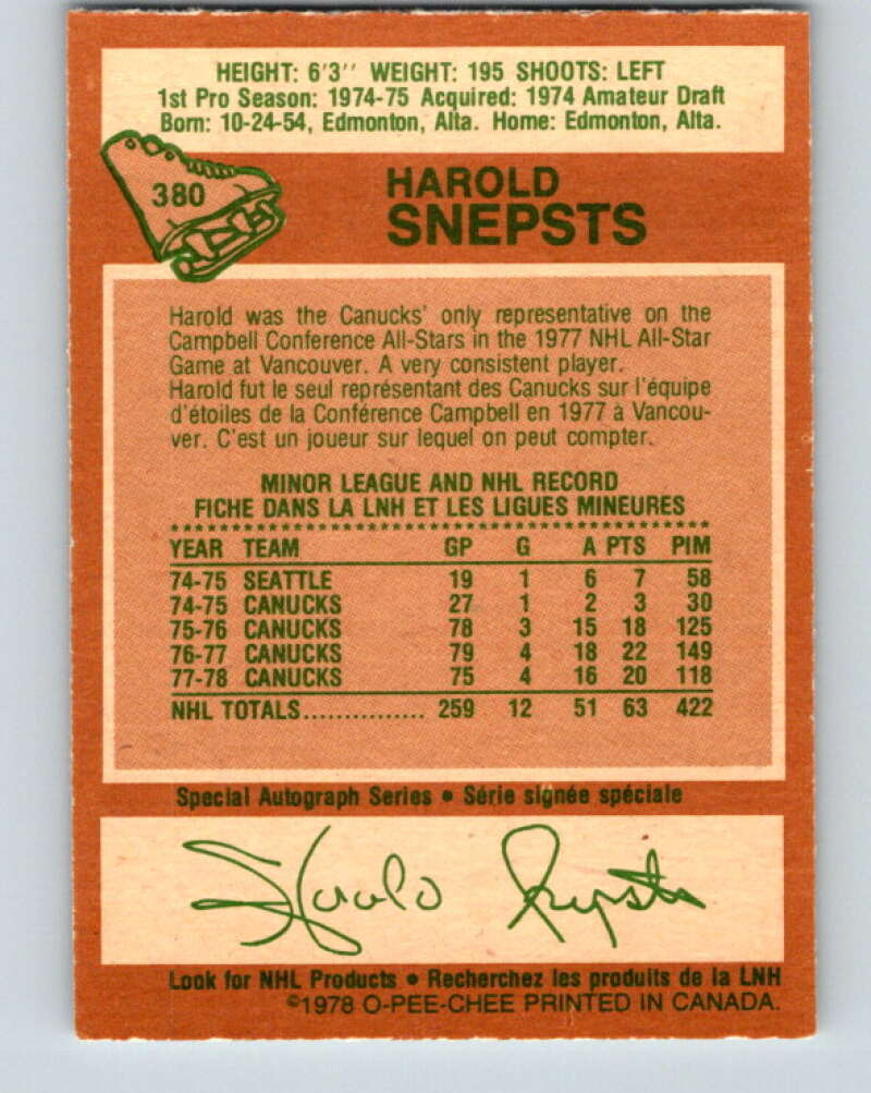 1978-79 O-Pee-Chee #380 Harold Snepsts Vancouver Canucks V26280
