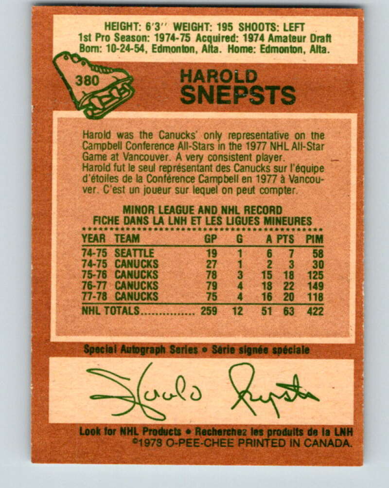 1978-79 O-Pee-Chee #380 Harold Snepsts Vancouver Canucks V26281
