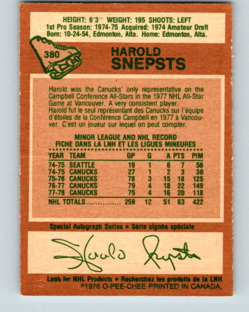1978-79 O-Pee-Chee #380 Harold Snepsts Vancouver Canucks V26282