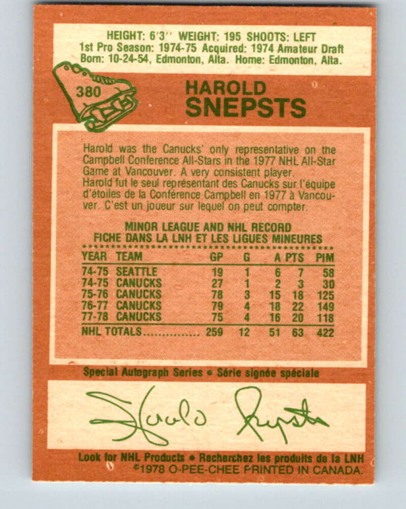 1978-79 O-Pee-Chee #380 Harold Snepsts Vancouver Canucks V26283
