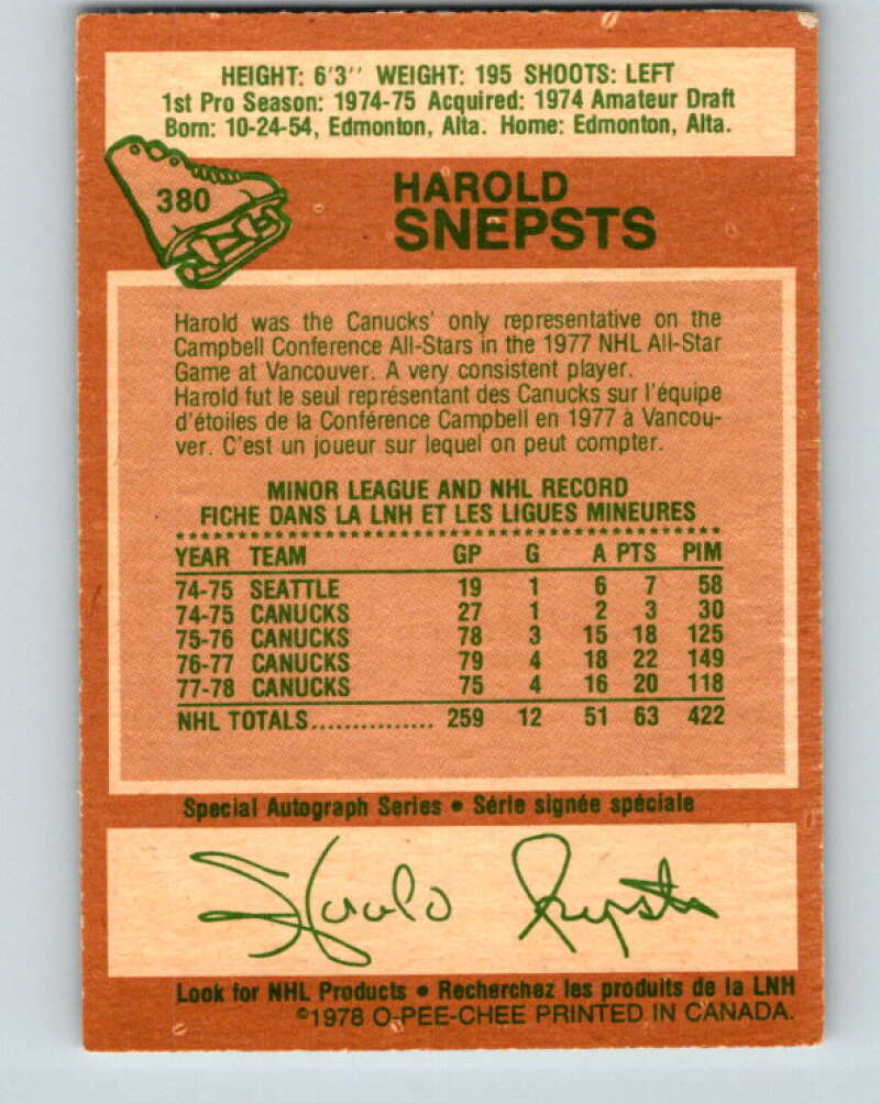 1978-79 O-Pee-Chee #380 Harold Snepsts Vancouver Canucks V26285