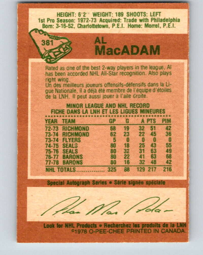 1978-79 O-Pee-Chee #381 Al MacAdam North Stars V26292