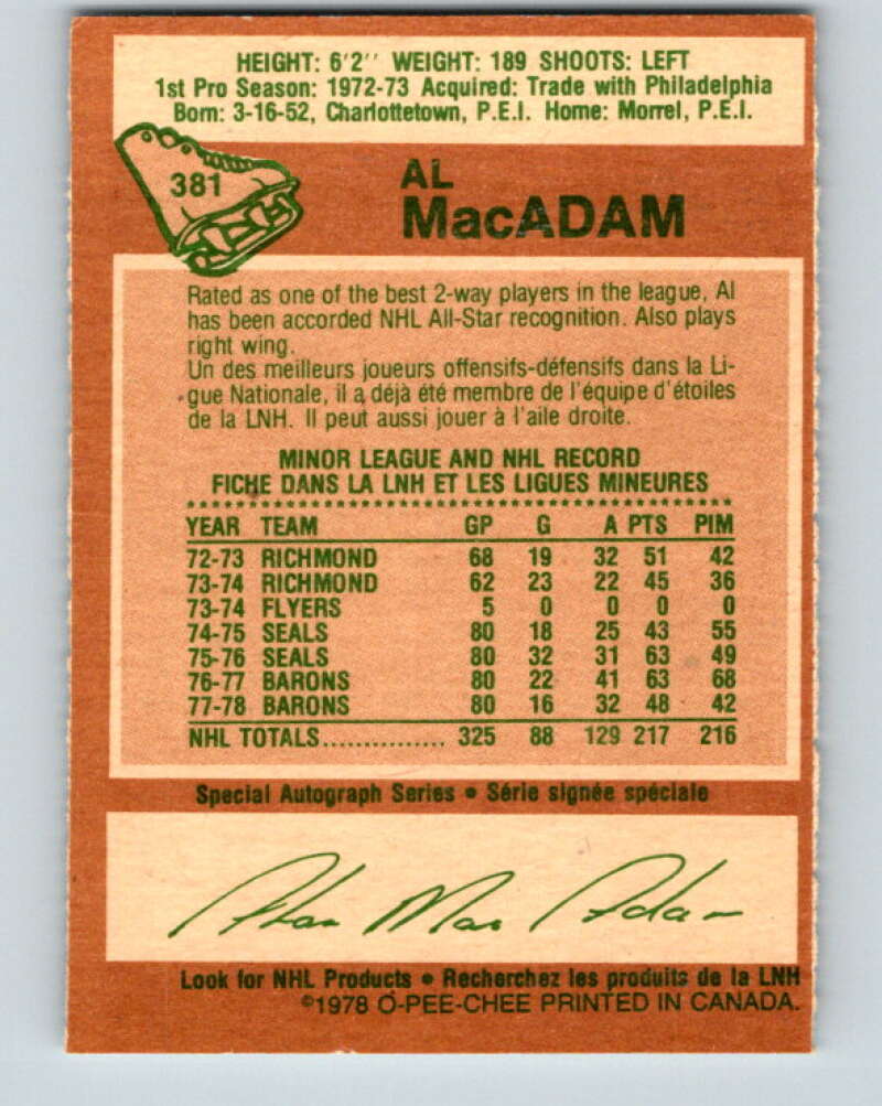 1978-79 O-Pee-Chee #381 Al MacAdam North Stars V26293