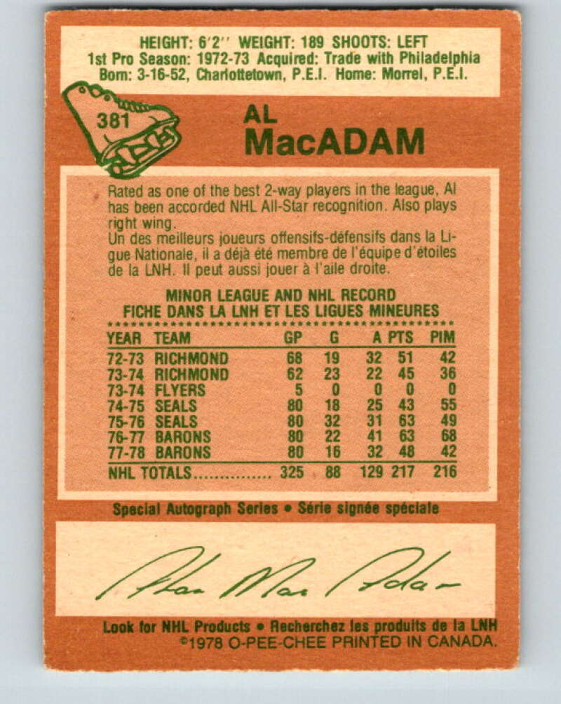 1978-79 O-Pee-Chee #381 Al MacAdam North Stars V26294