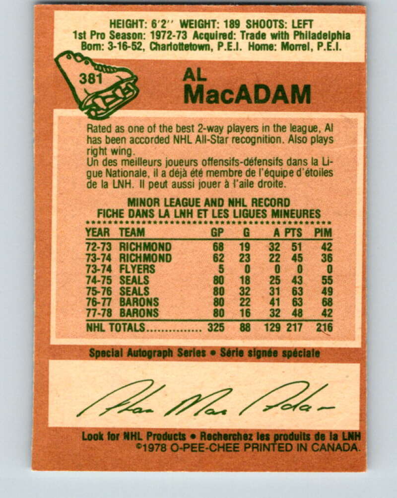 1978-79 O-Pee-Chee #381 Al MacAdam North Stars V26295
