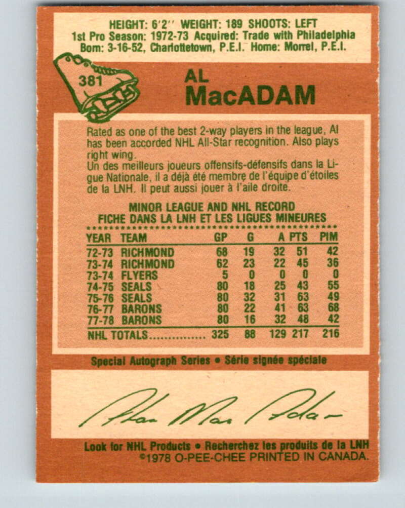 1978-79 O-Pee-Chee #381 Al MacAdam North Stars V26298