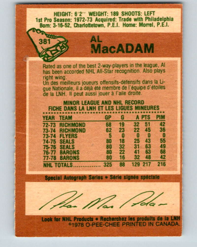 1978-79 O-Pee-Chee #381 Al MacAdam North Stars V26299