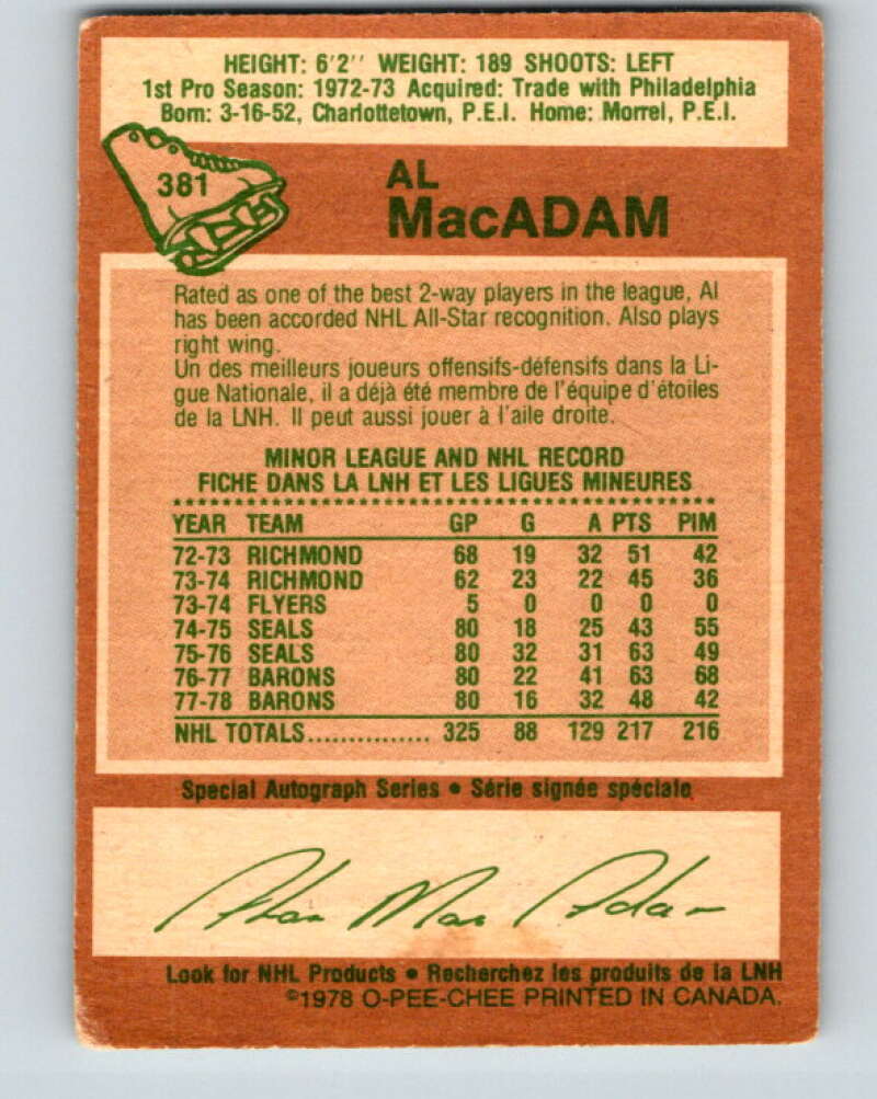 1978-79 O-Pee-Chee #381 Al MacAdam North Stars V26300