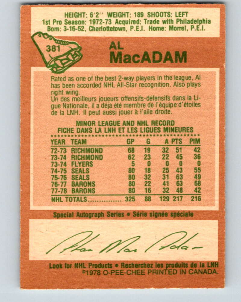 1978-79 O-Pee-Chee #381 Al MacAdam North Stars V26301