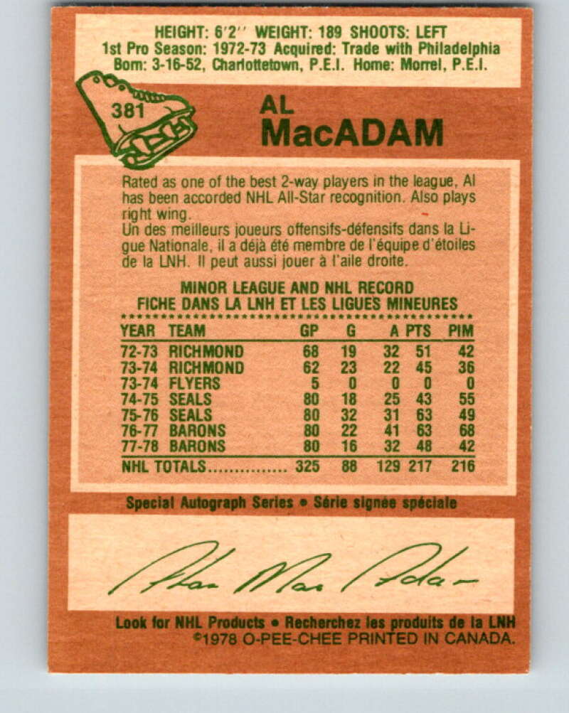 1978-79 O-Pee-Chee #381 Al MacAdam North Stars V26302