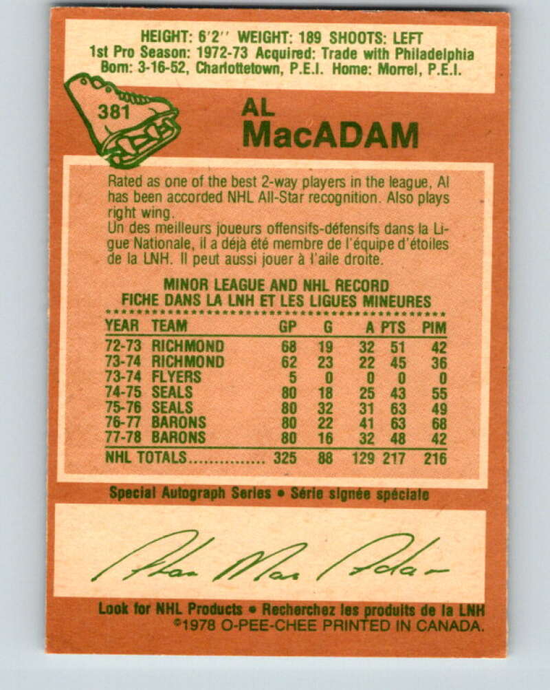 1978-79 O-Pee-Chee #381 Al MacAdam North Stars V26303