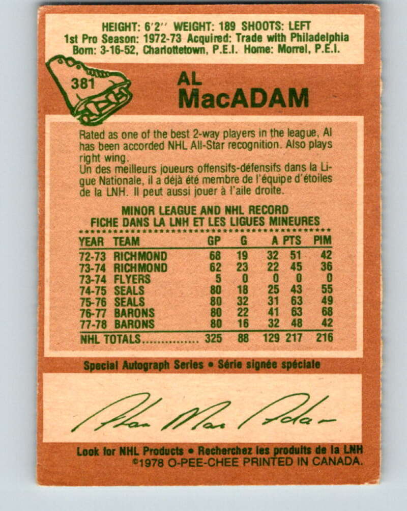 1978-79 O-Pee-Chee #381 Al MacAdam North Stars V26304