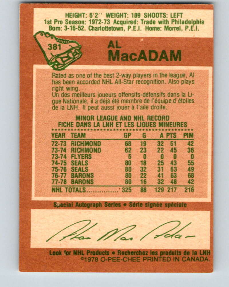 1978-79 O-Pee-Chee #381 Al MacAdam North Stars V26307