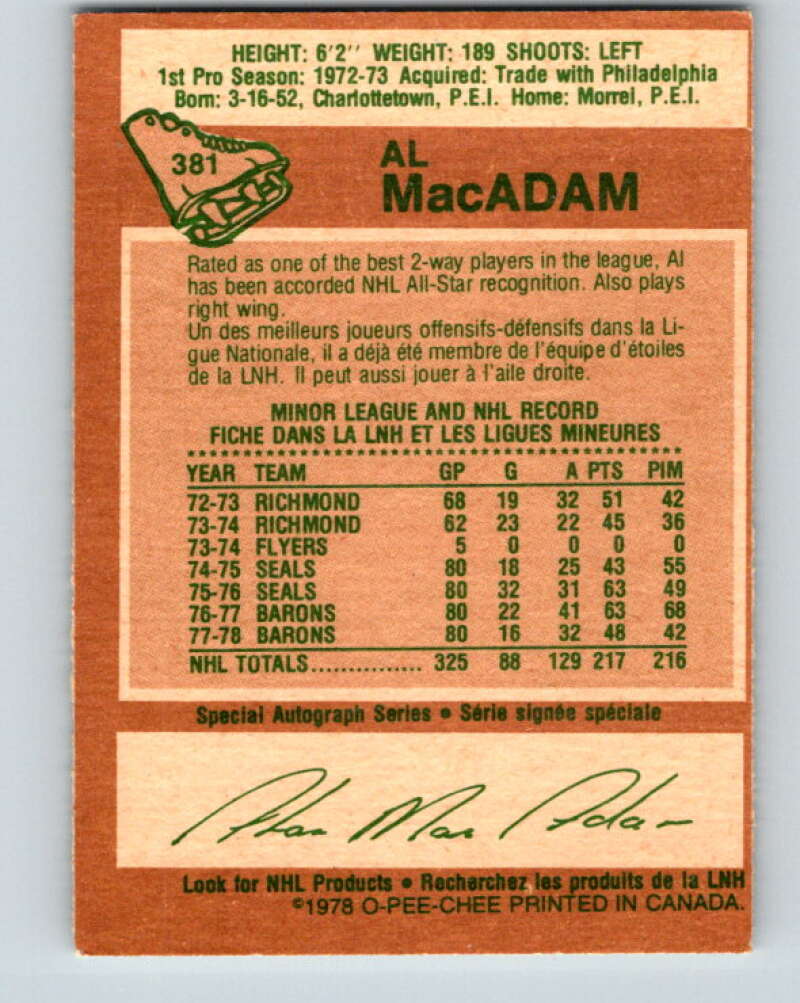 1978-79 O-Pee-Chee #381 Al MacAdam North Stars V26308