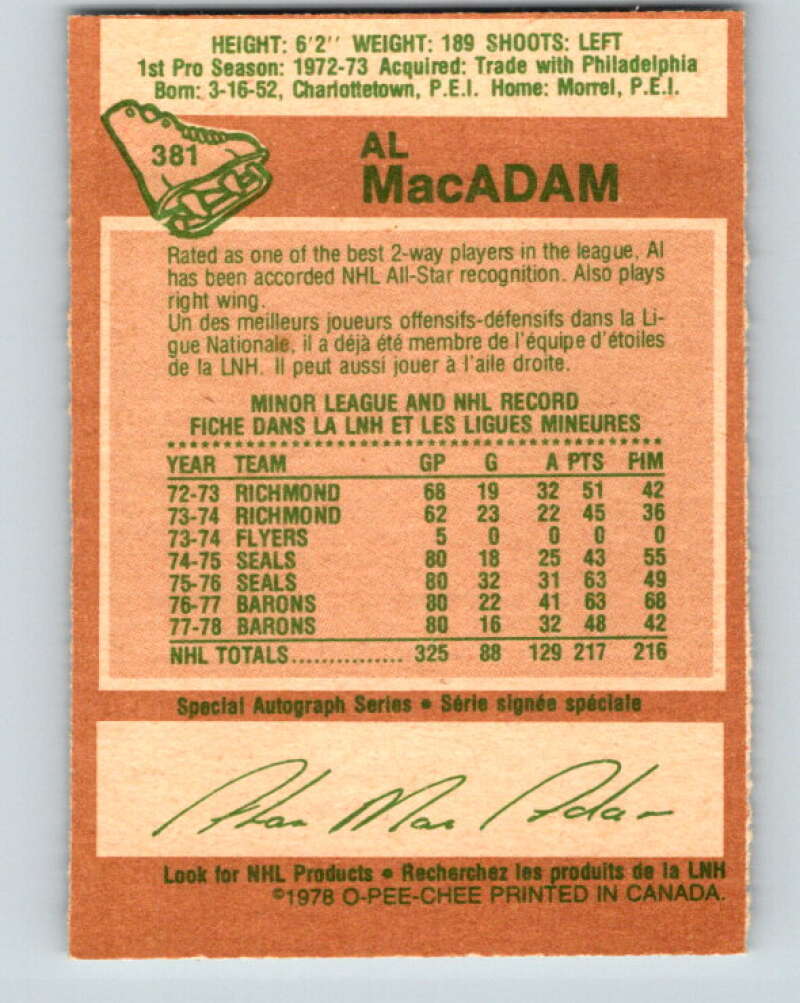 1978-79 O-Pee-Chee #381 Al MacAdam North Stars V26309