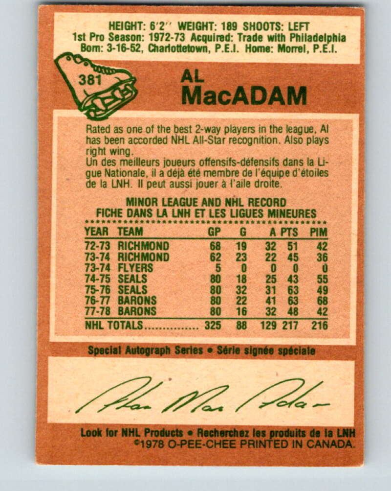 1978-79 O-Pee-Chee #381 Al MacAdam North Stars V26310
