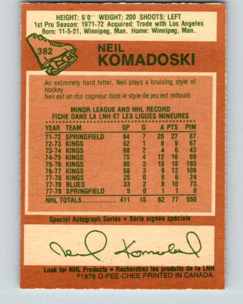 1978-79 O-Pee-Chee #382 Neil Komadoski St. Louis Blues V26311