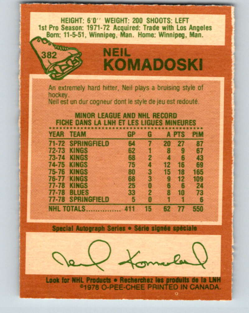 1978-79 O-Pee-Chee #382 Neil Komadoski St. Louis Blues V26312