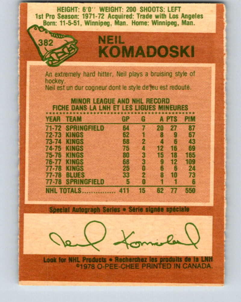 1978-79 O-Pee-Chee #382 Neil Komadoski St. Louis Blues V26314