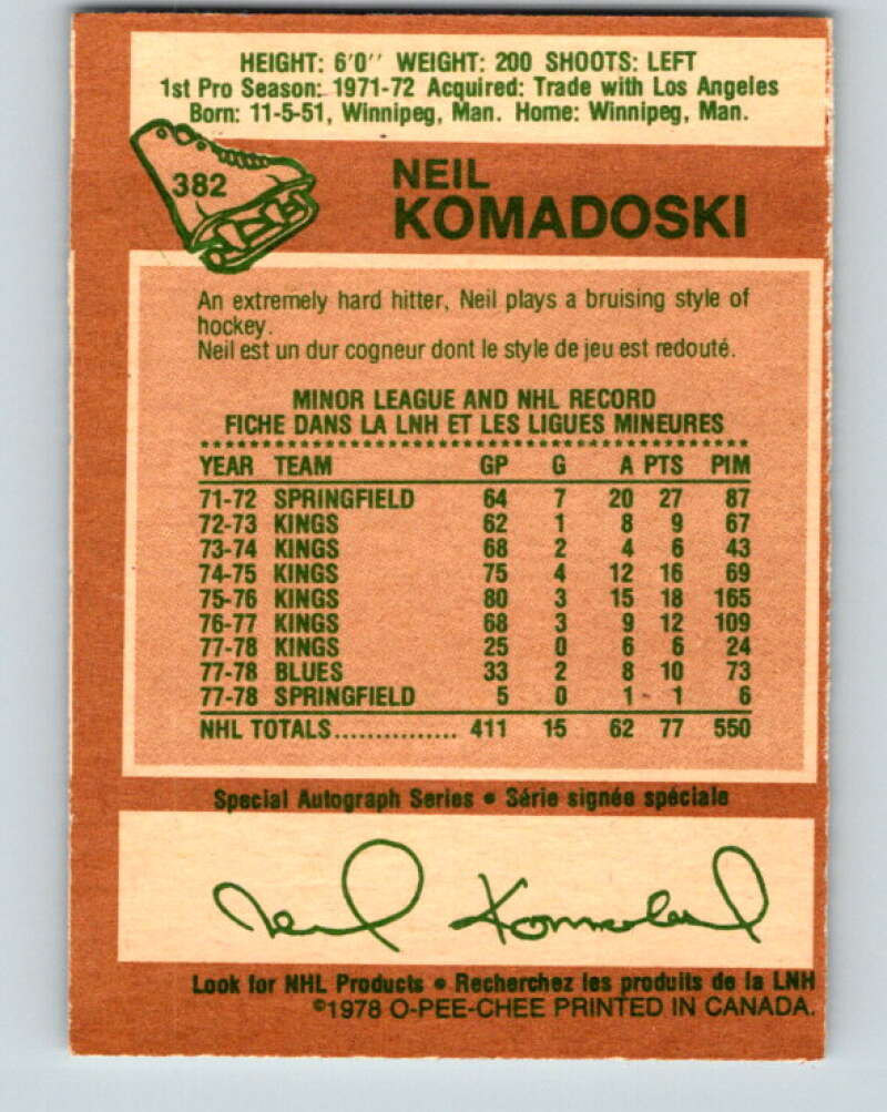 1978-79 O-Pee-Chee #382 Neil Komadoski St. Louis Blues V26315