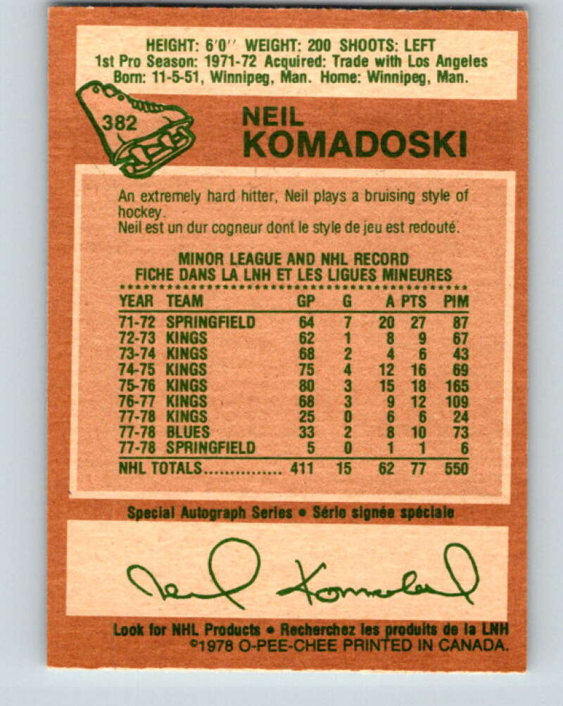 1978-79 O-Pee-Chee #382 Neil Komadoski St. Louis Blues V26317