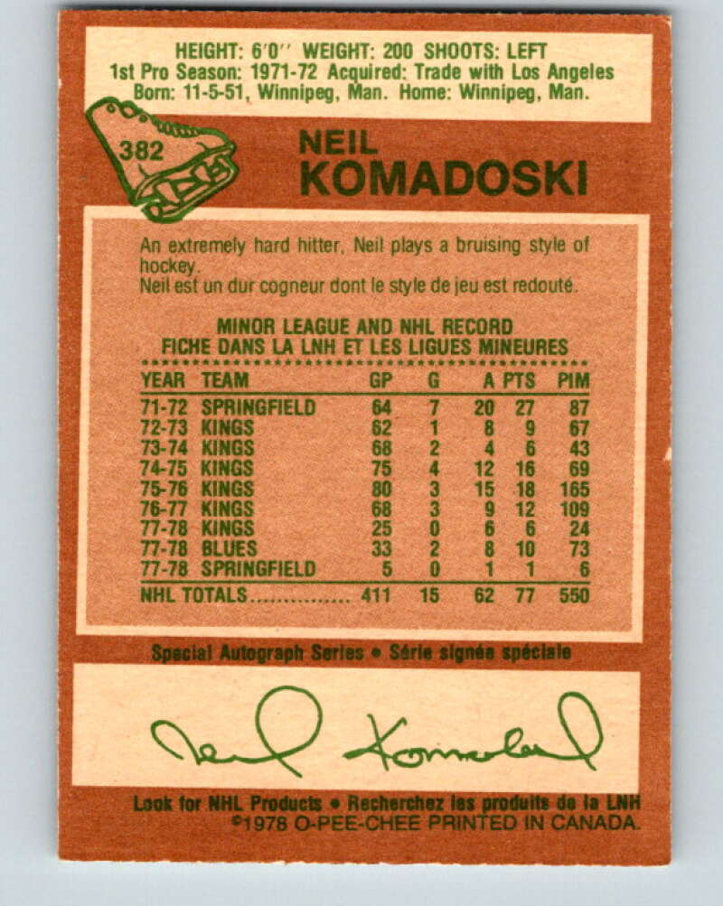 1978-79 O-Pee-Chee #382 Neil Komadoski St. Louis Blues V26318