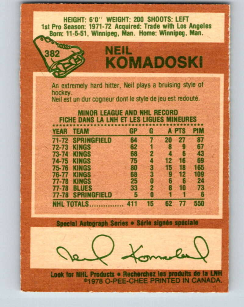 1978-79 O-Pee-Chee #382 Neil Komadoski St. Louis Blues V26319
