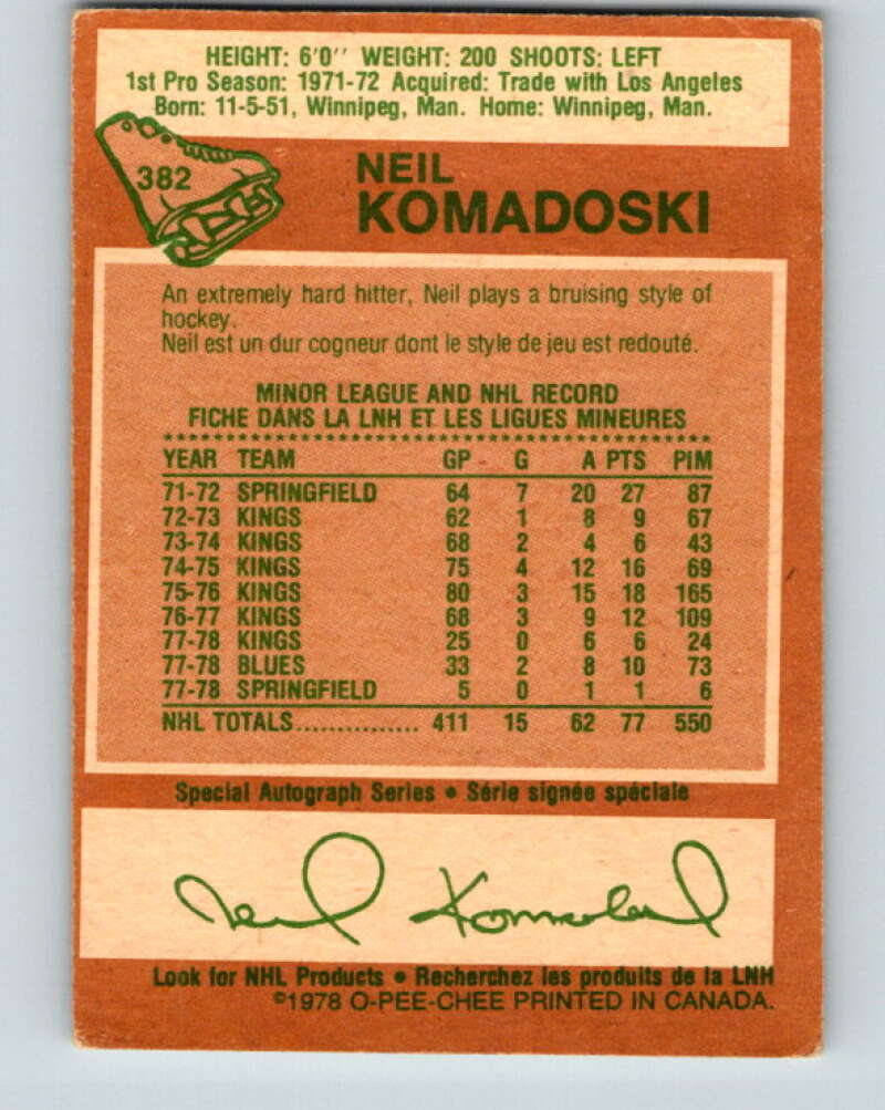1978-79 O-Pee-Chee #382 Neil Komadoski St. Louis Blues V26320