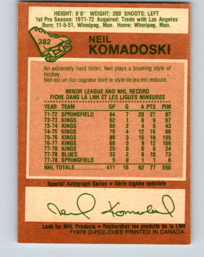 1978-79 O-Pee-Chee #382 Neil Komadoski St. Louis Blues V26322