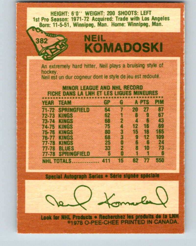 1978-79 O-Pee-Chee #382 Neil Komadoski St. Louis Blues V26323