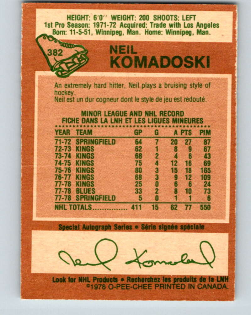1978-79 O-Pee-Chee #382 Neil Komadoski St. Louis Blues V26324